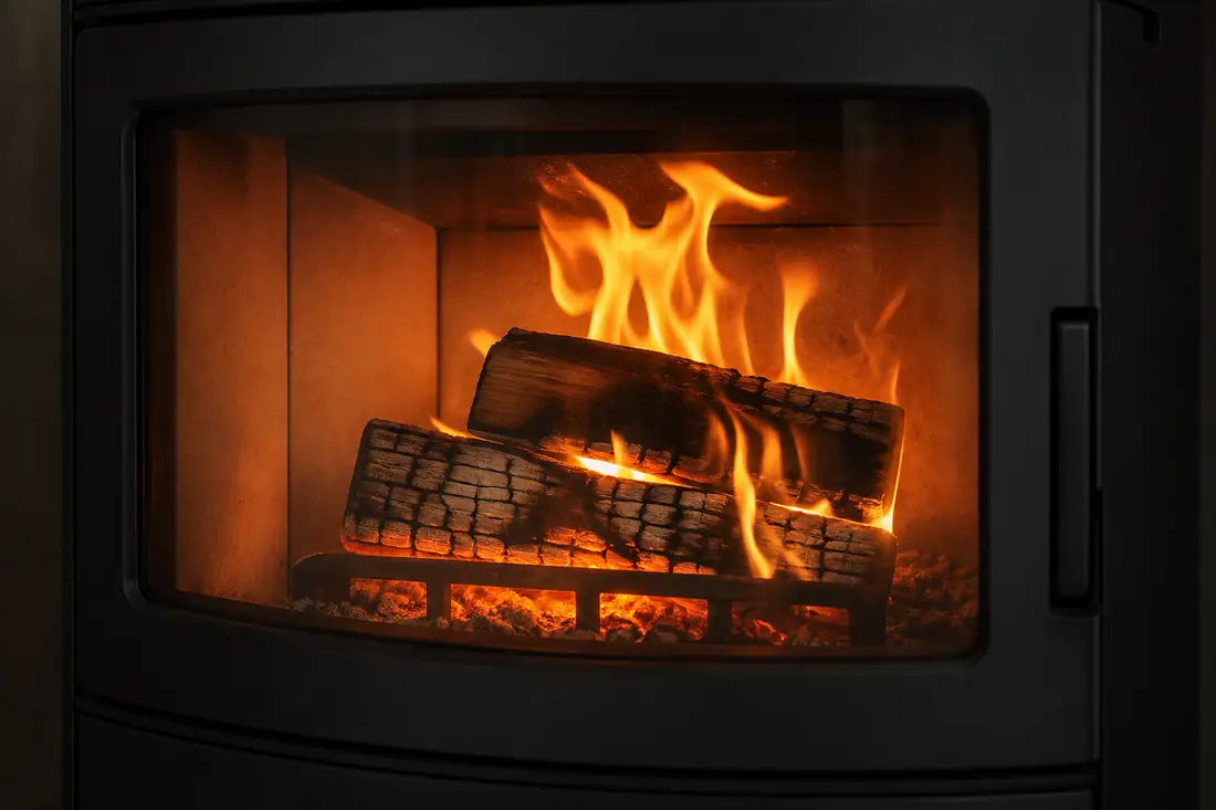 Sauber brennendes Holzfeuer mit ruhiger Flamme in einem Kaminofen